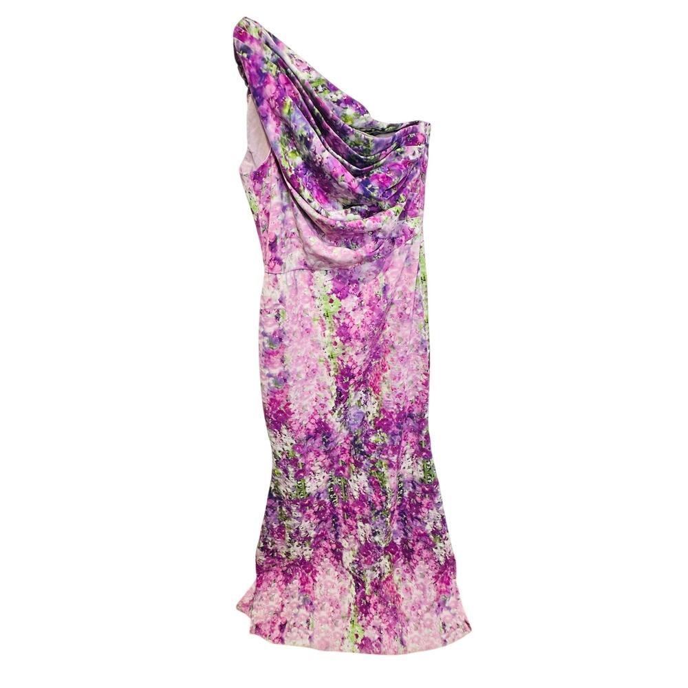 BADGLEY MISCHKA Purple Floral Orchid One Shoulder Gown Dress size 6 - Picture 2 of 14